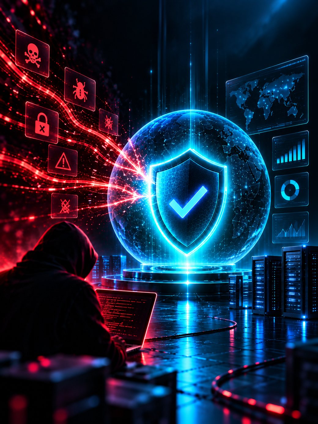 A glowing blue shield with a checkmark inside a digital globe, deflecting incoming red cyber-threat icons sent by a hooded hacker at a laptop, while dashboard panels showing a world map and analytics charts monitor server racks nearby &mdash; representing TrapShield intercepting attacks before they reach real infrastructure.